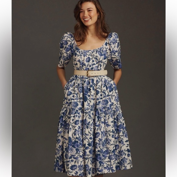 Anthropologie Dresses & Skirts - Anthropologie Blue and Cream Floral Puff-Sleeve Midi Dress